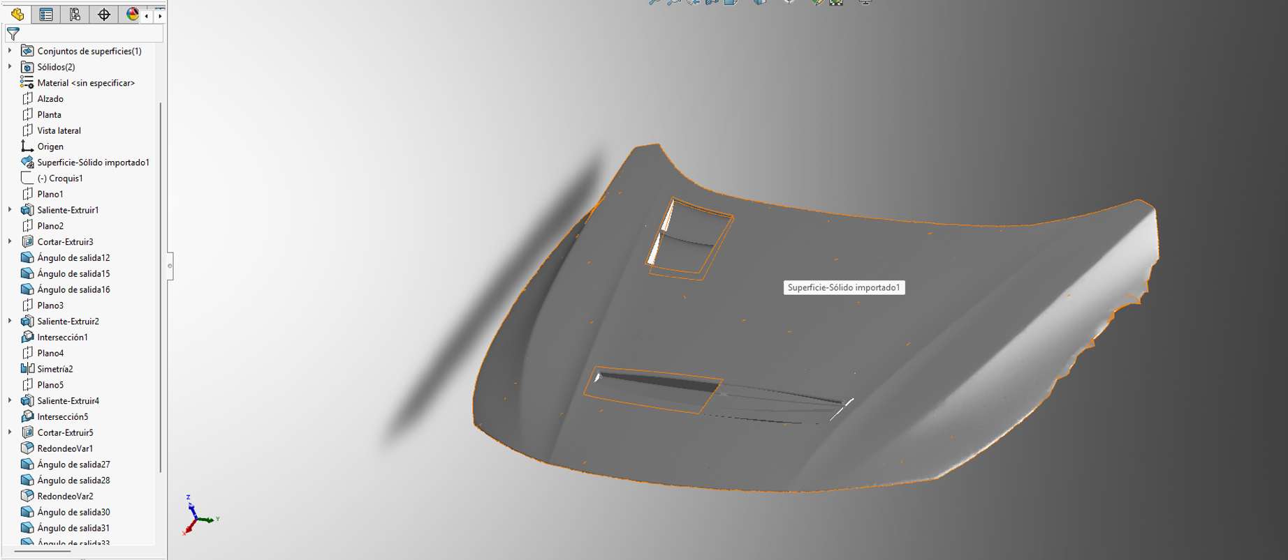 Modelo del capó ventilado trabajado en SolidWorks